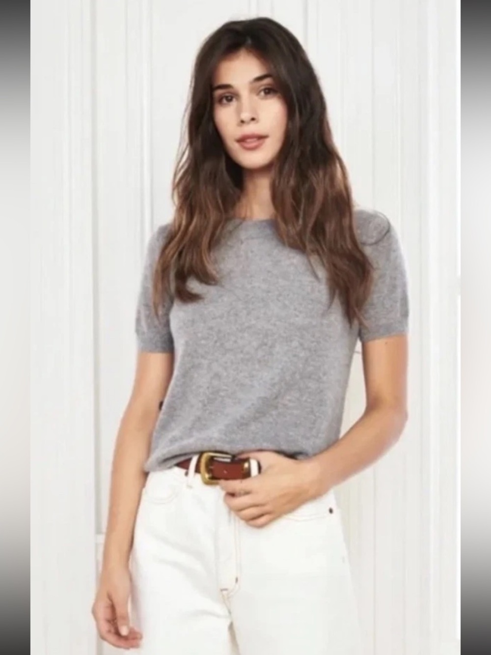 Quince Women Mongolian Cashmere Short Sleeve Pullover Tee  XS Heather Pale Grey